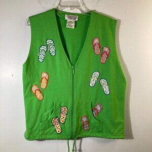 Womens Mandal Bay Cotton Blend Knit Sleeveless Zip Jacket Flip Flops Green‎ L